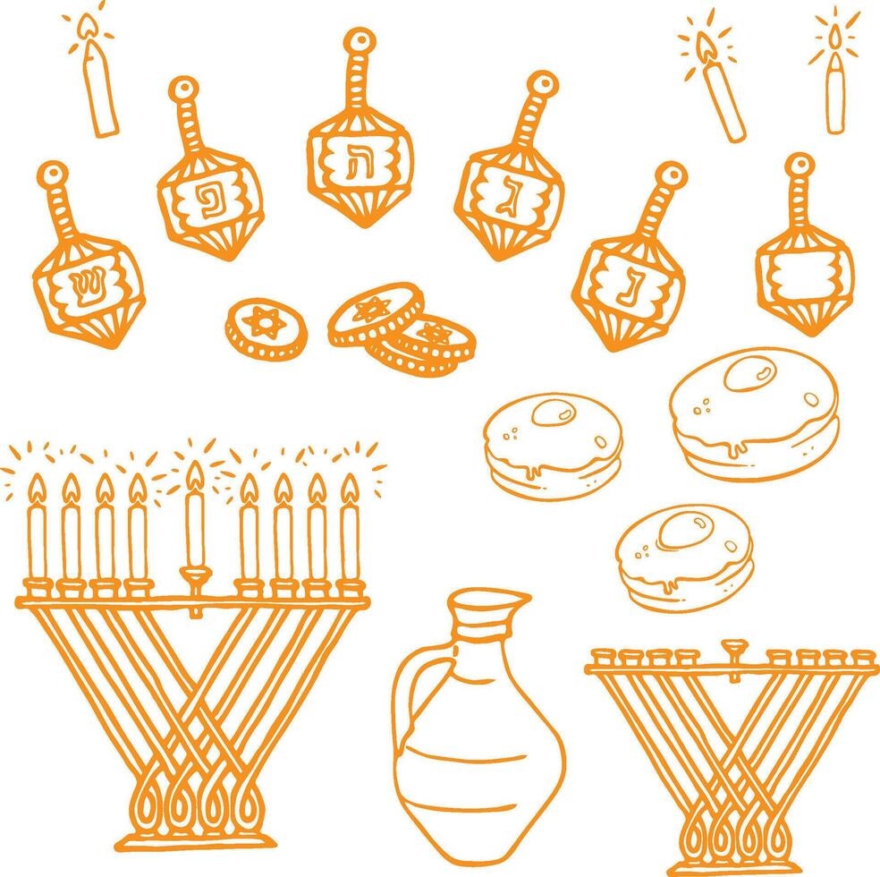 Hanukkah Doodle Yellow Clipart Set, Hand-Drawn Doodle Symbol Design Illustration vector