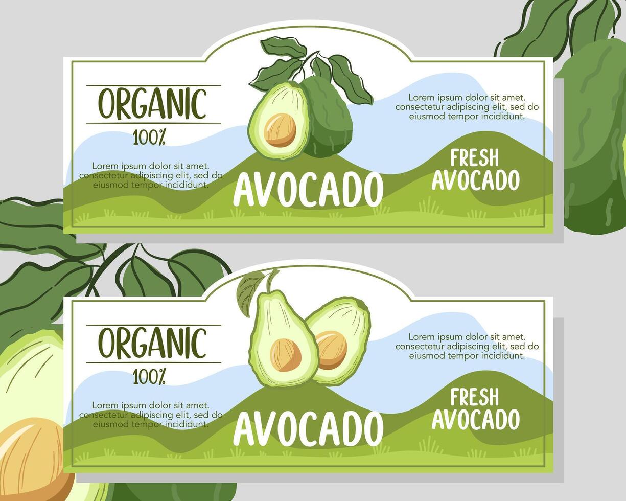 Label design for avocado with green mountain and blue sky on background vector