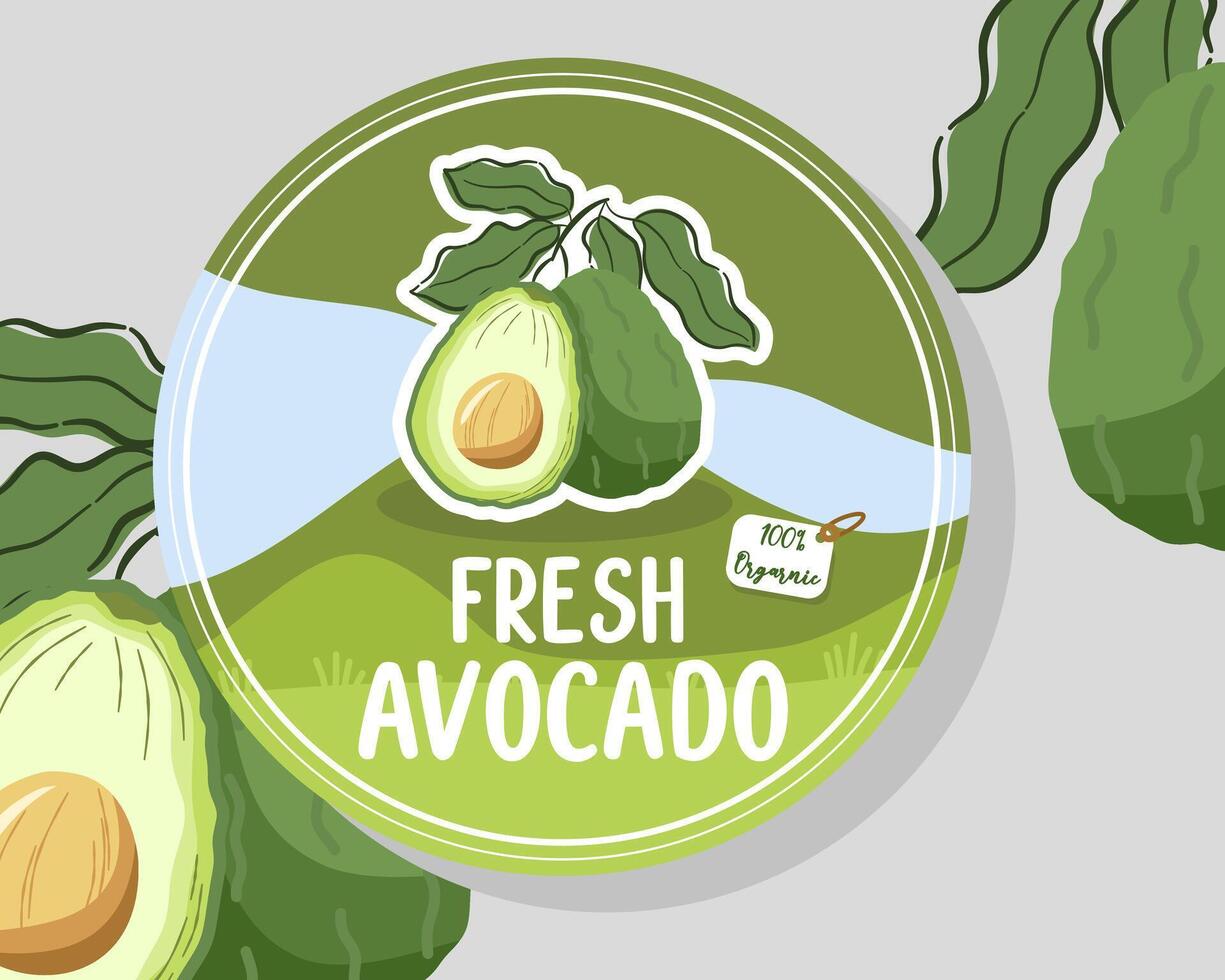 Label cycle for avocado with green mountain and blue sky vector