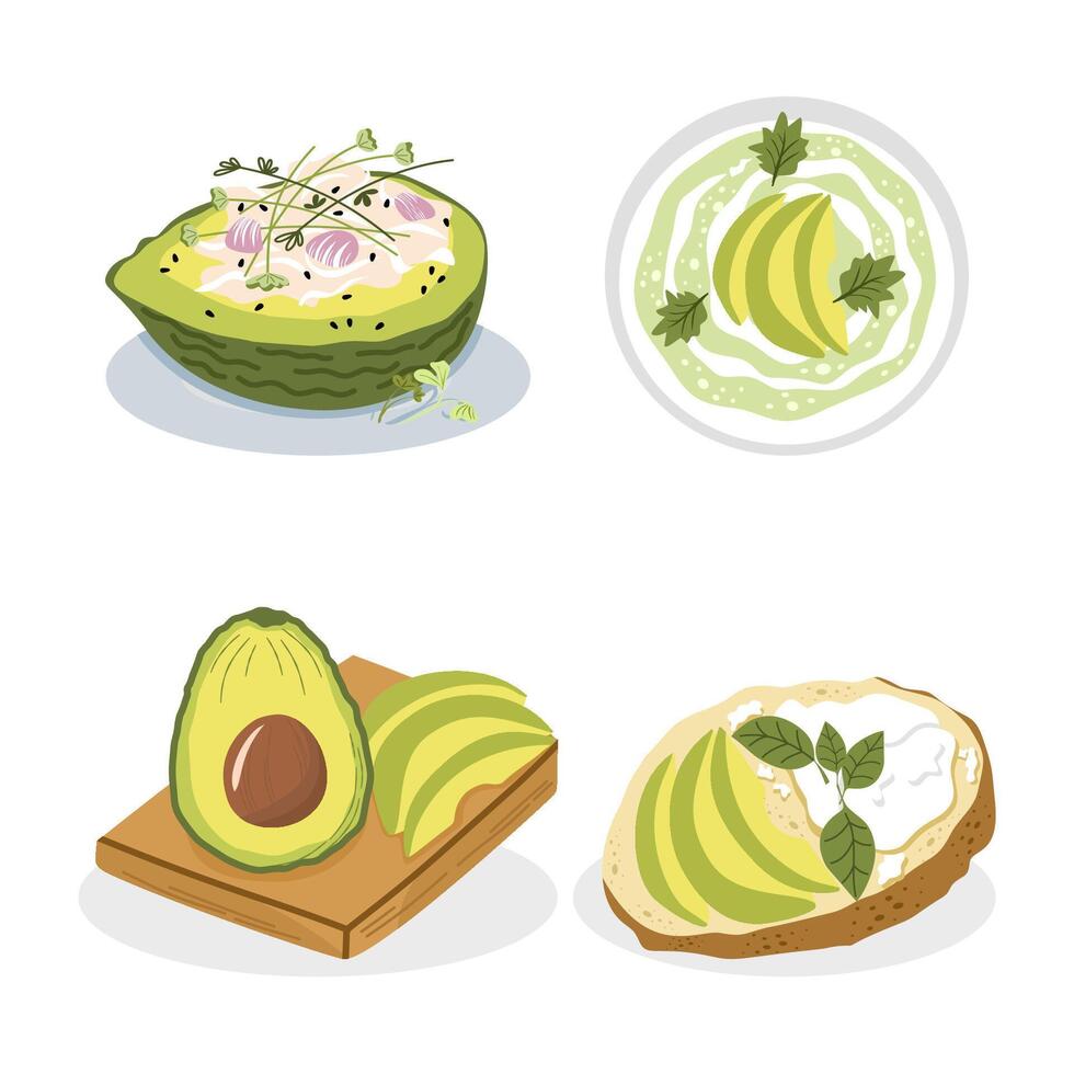 Hand draw cute avocado fruit design. Whole, half, slices. Fresh green color. Set of element fruits. Cartoon style. Avocado with seed and without seed. tropical fruit for logo, label, packaging. vector