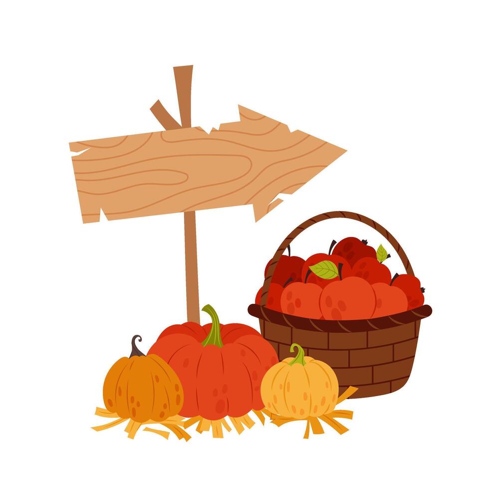 A basket of red apples. Road wooden signpost, direction. Pumpkins on a bundle of straw. Autumn composition. Flat illustration on white background. vector