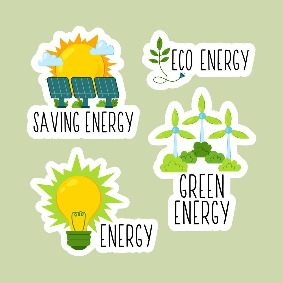 Save Energy. Green energy generated by wind turbine. Solar power. Set of eco-friendly stickers. Environmental protection illustrations. vector