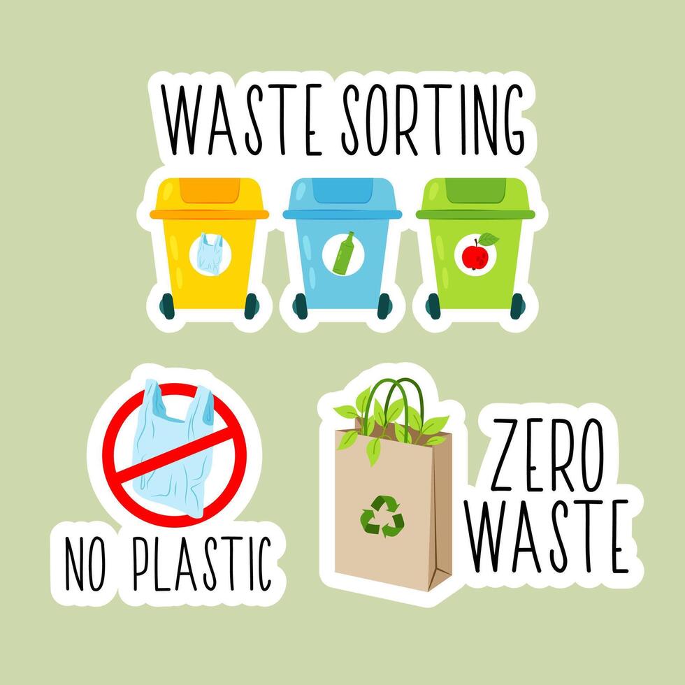 Waste sorting. Eco package. Eco-friendly illustration in flat style with recycling bins, no plastic, paper bag. Set of eco-friendly stickers. Environmental protection illustrations. vector