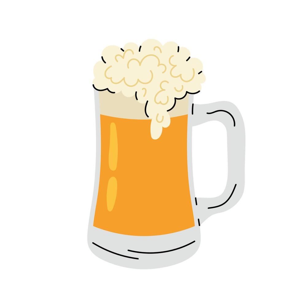 A glass pint of light frothy beer. Oktoberfest. Cold beer icon in flat style on white background. vector