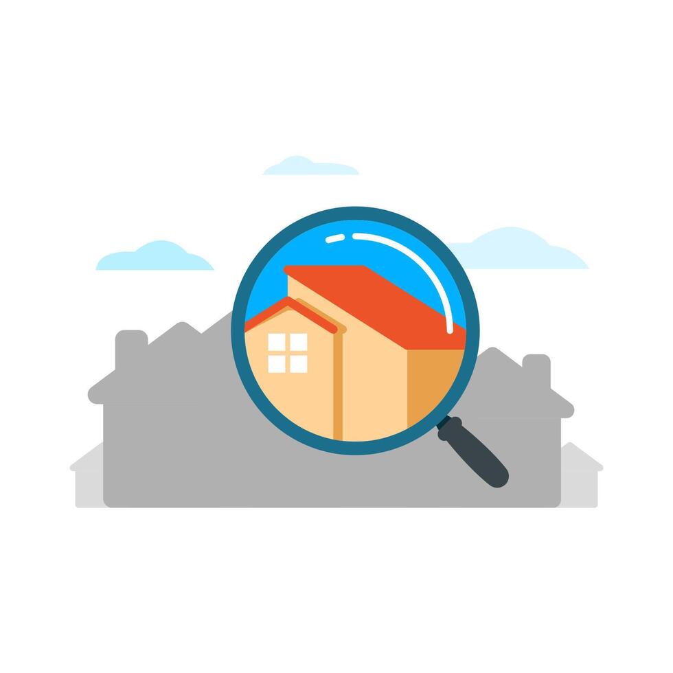 Real Estate Search Illustration, magnifying glass highlighting a house selection, with a background of housing silhouettes. Perfect for property, real estate, or housing development projects vector