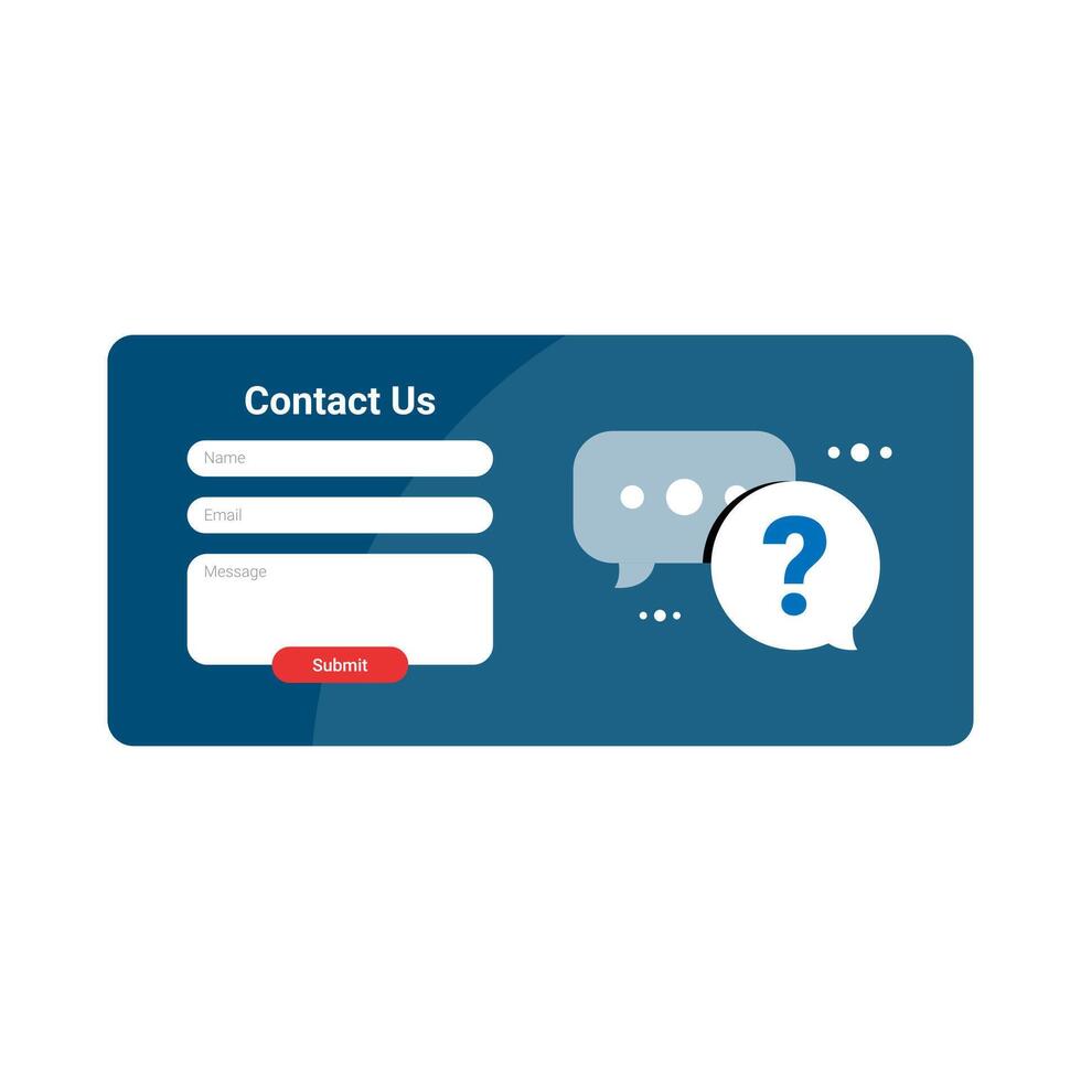 Contact Us banner with a form including fields for name, email, and message, along with a submit button. The design is complemented by an illustrative chat bubble for customer service interfaces vector