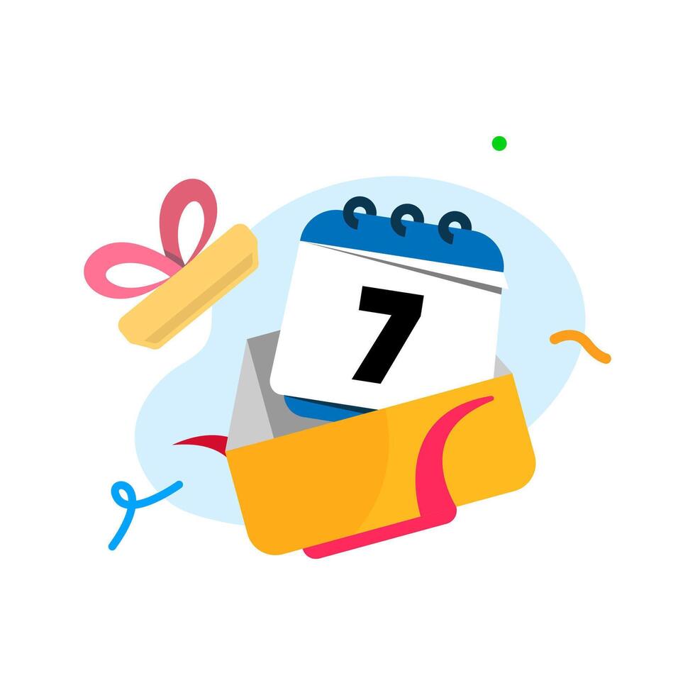 7 Days Free Trial Banner Illustration for App or Website. Open Gift Box with Calendar, Flying Ribbons, and Festive Design vector