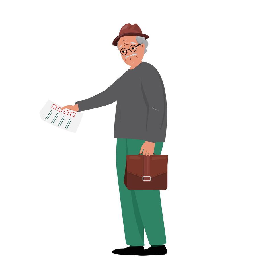 Old man with a hat, holding a checklist and briefcase, symbolising responsibility vector