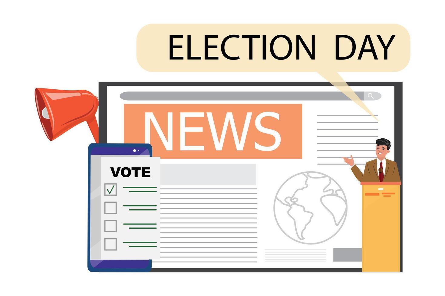Man delivering a speech with voting app, megaphone, and news article on the screen behind vector