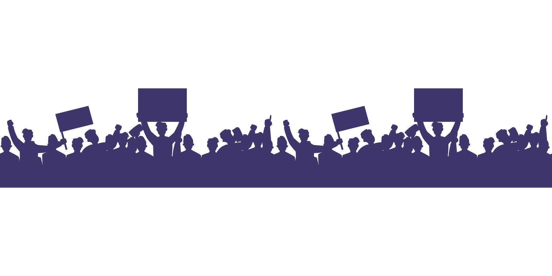 Pattern of protesting crowd silhouettes with banners, shields, and raised fists on a white background vector