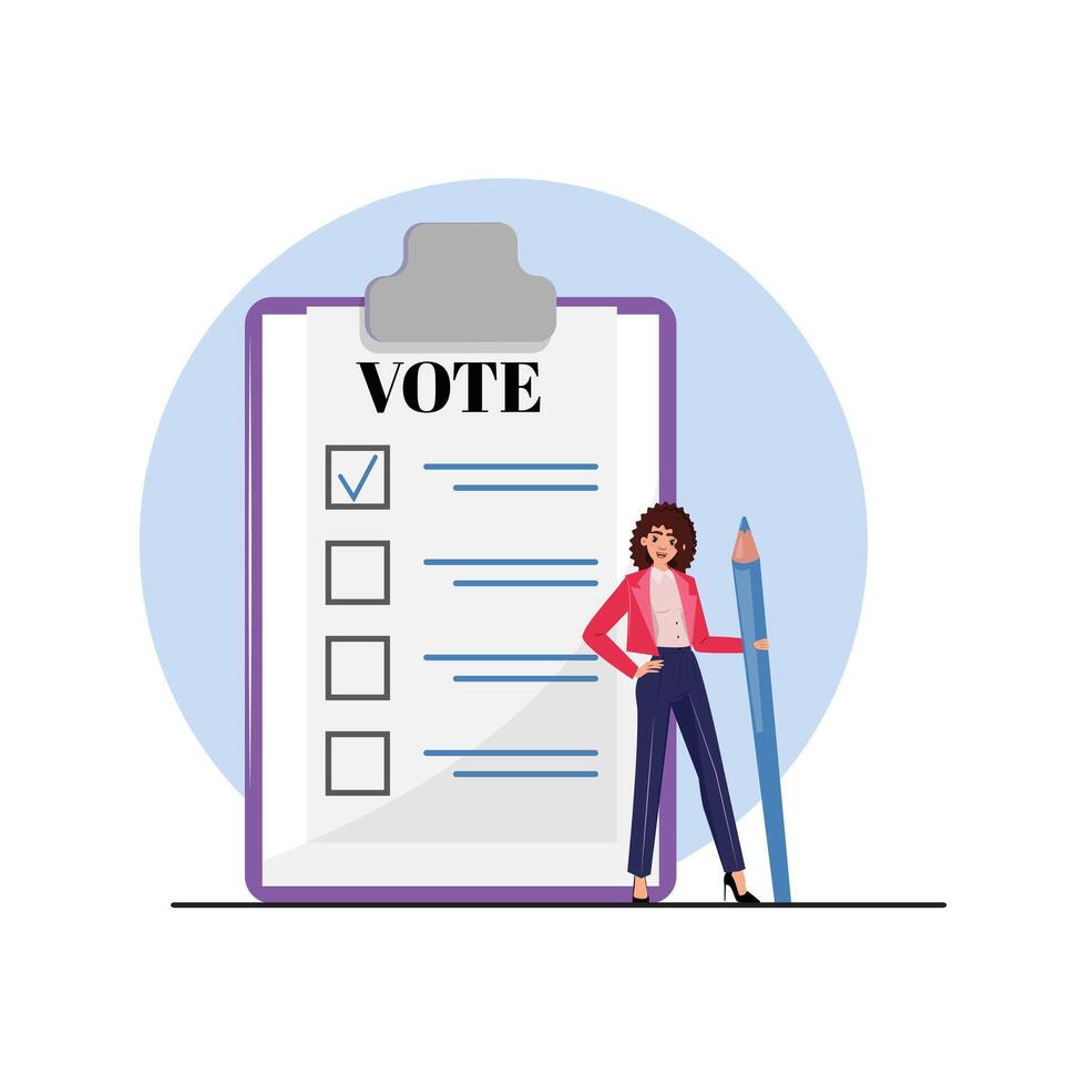 Young woman with big pencil next to a large phone displaying voting options. Voting concept vector