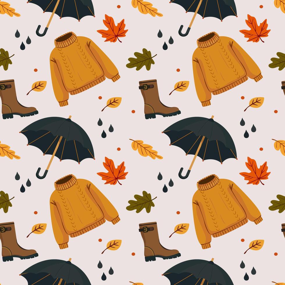 Autumn seamless pattern with leaves, umbrella, boots and knitted sweater on light background vector