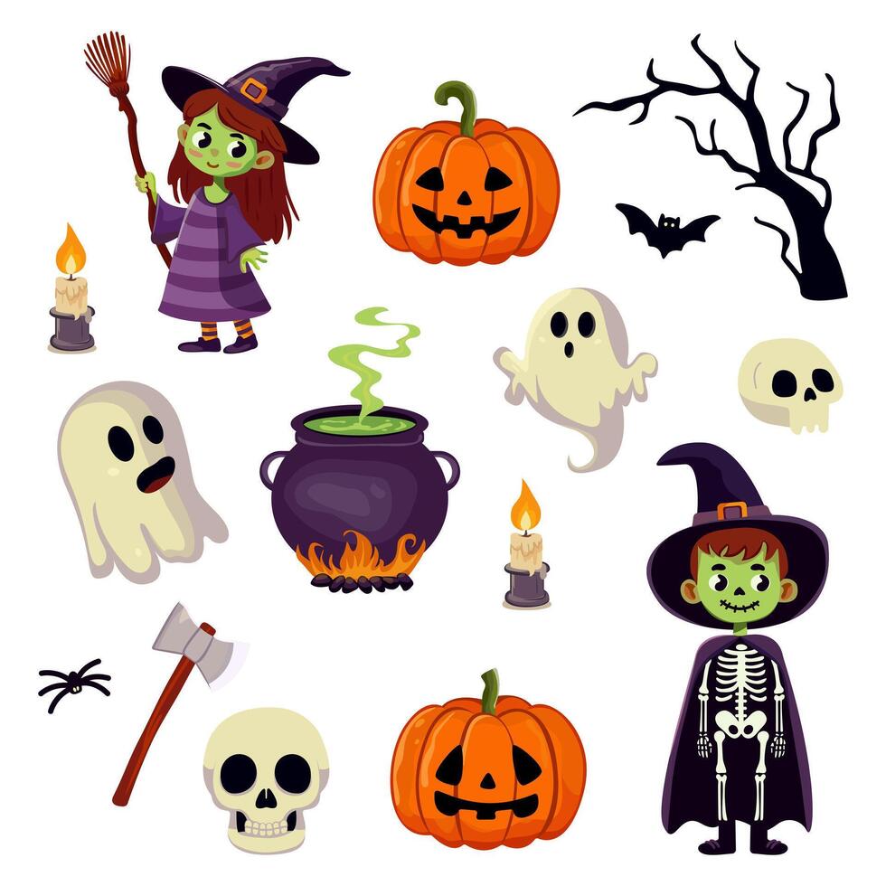 Set of characters and icons for Halloween. vector