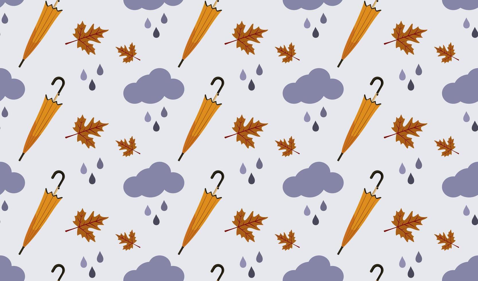 Seamless fall pattern with umbrellas, clouds, raindrops and leaves on light background vector