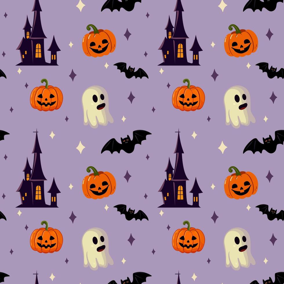 Seamless Halloween background with ghost, gloomy house, bat and pumpkins for use in textiles, wallpapers, packaging and holiday decorations vector