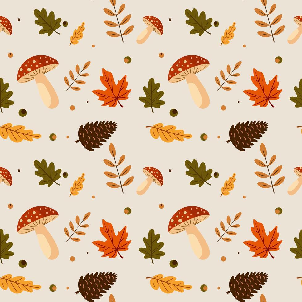 Seamless fall pattern with mushrooms, different leaves, spruce leaves on light background vector