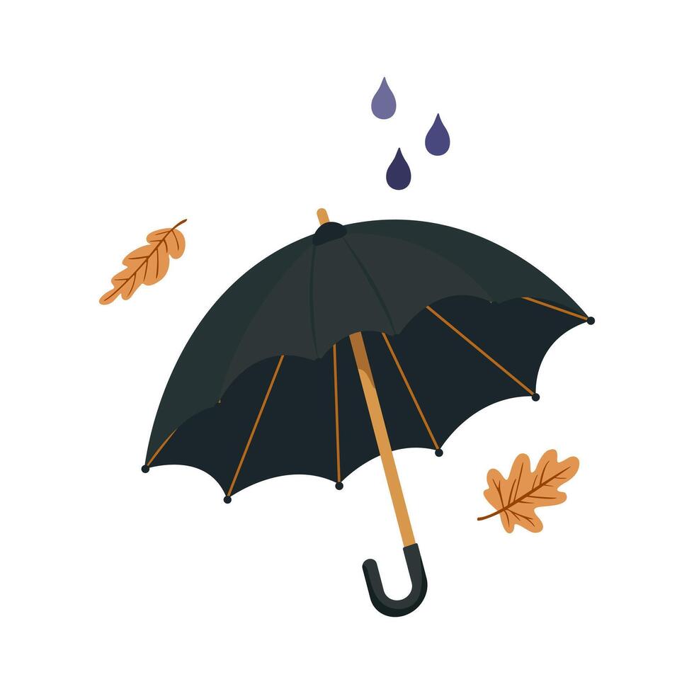 Black umbrella with autumn yellow leaves and raindrops vector