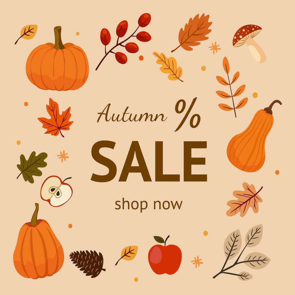fall illustration for sale and discount with leaves, apples, pumpkins, cones and mushrooms Autumn concept. vector
