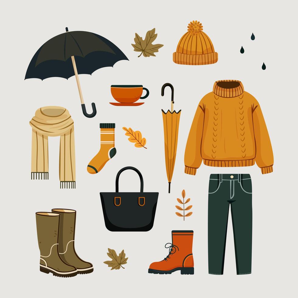 Set of fall elements. Cozy fall stickers. Leaves, hay clothes, umbrella, boots, umbrella, sweater, bag, sock, tea. Isolated background. Illustration in hand drawn style. vector