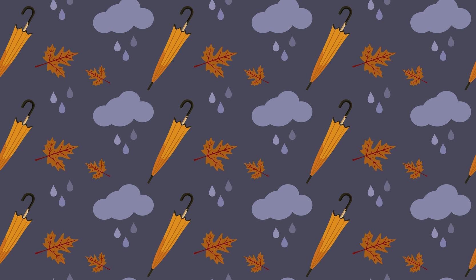 Seamless autumn pattern with umbrellas, clouds, raindrops and leaves on gray background vector