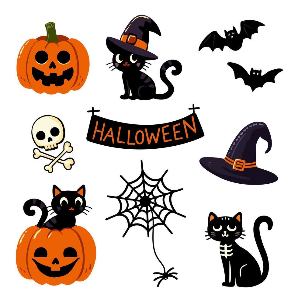Halloween set black cats, pumpkins, skull, spider and web, bats. vector