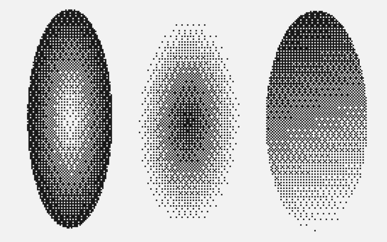 Set of black circle with pixelated bitmap texture. . Y2K aesthetics texture. Gradient textured oval vector