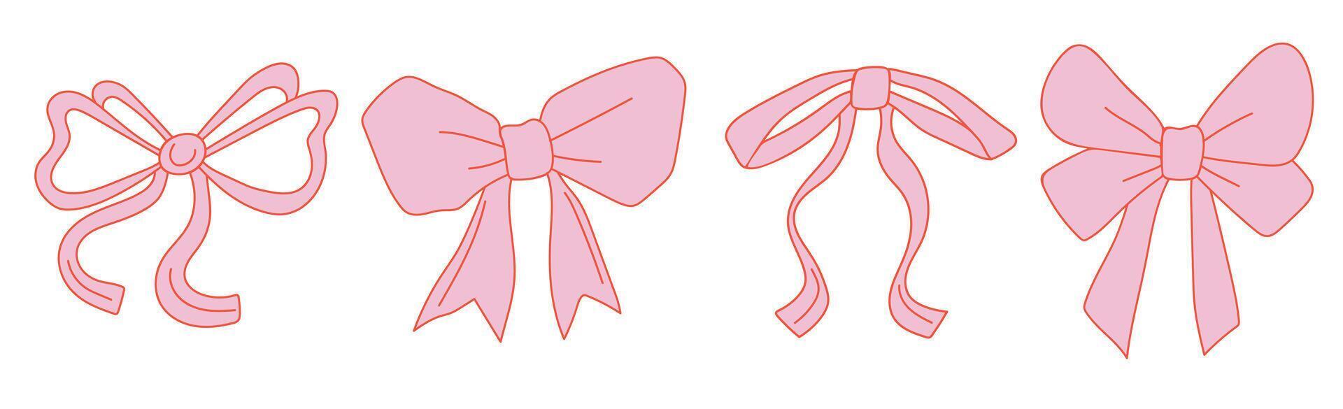 Set of pink retro bow. Whimsical blue drawn bow tie on white background. Design elements. Symbol wedding celebration and birthday party decorations vector