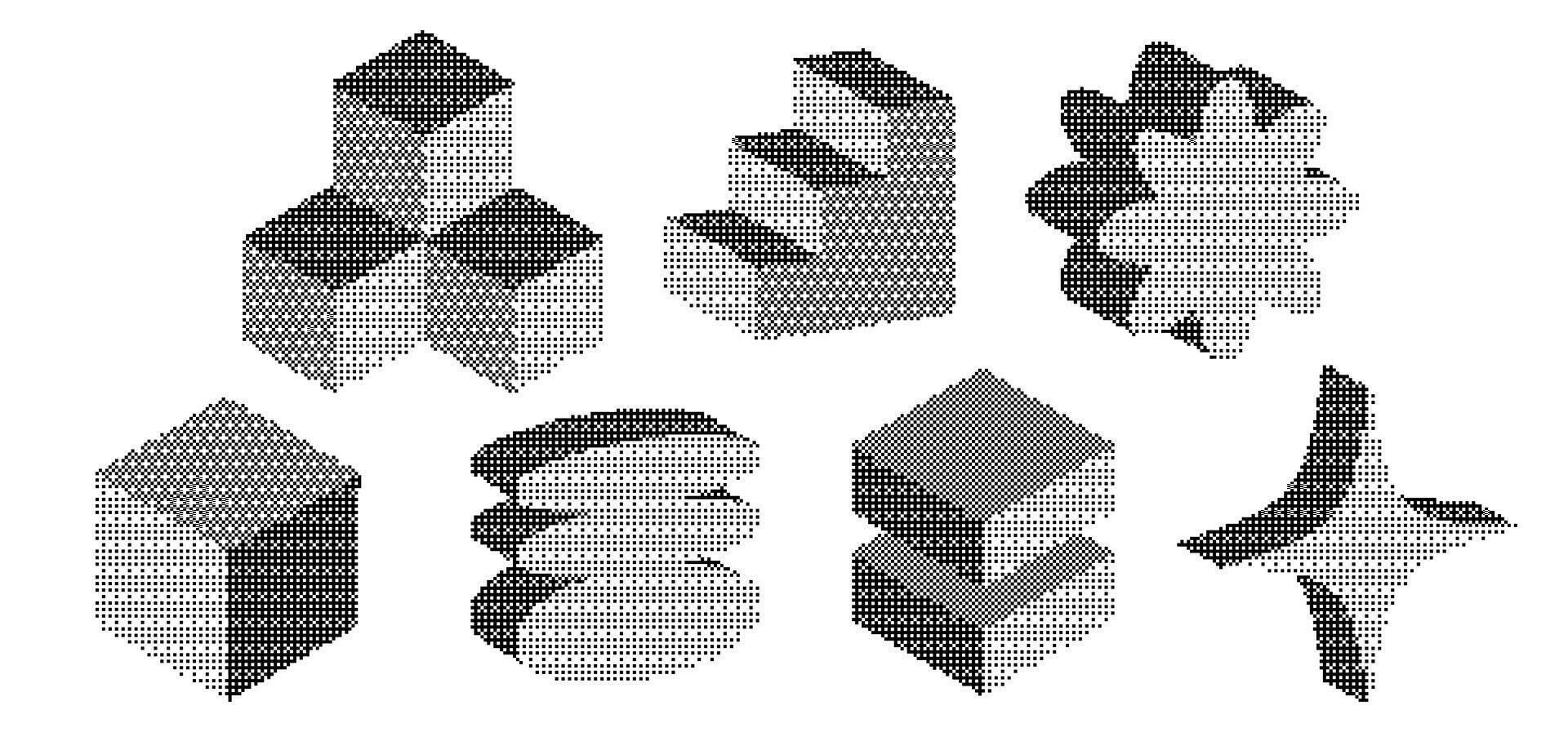 Set of bitmap pixelated volumetric geometric figures. Retro halftone colorful shapes. Colorful Geometric Block flat y2k vector