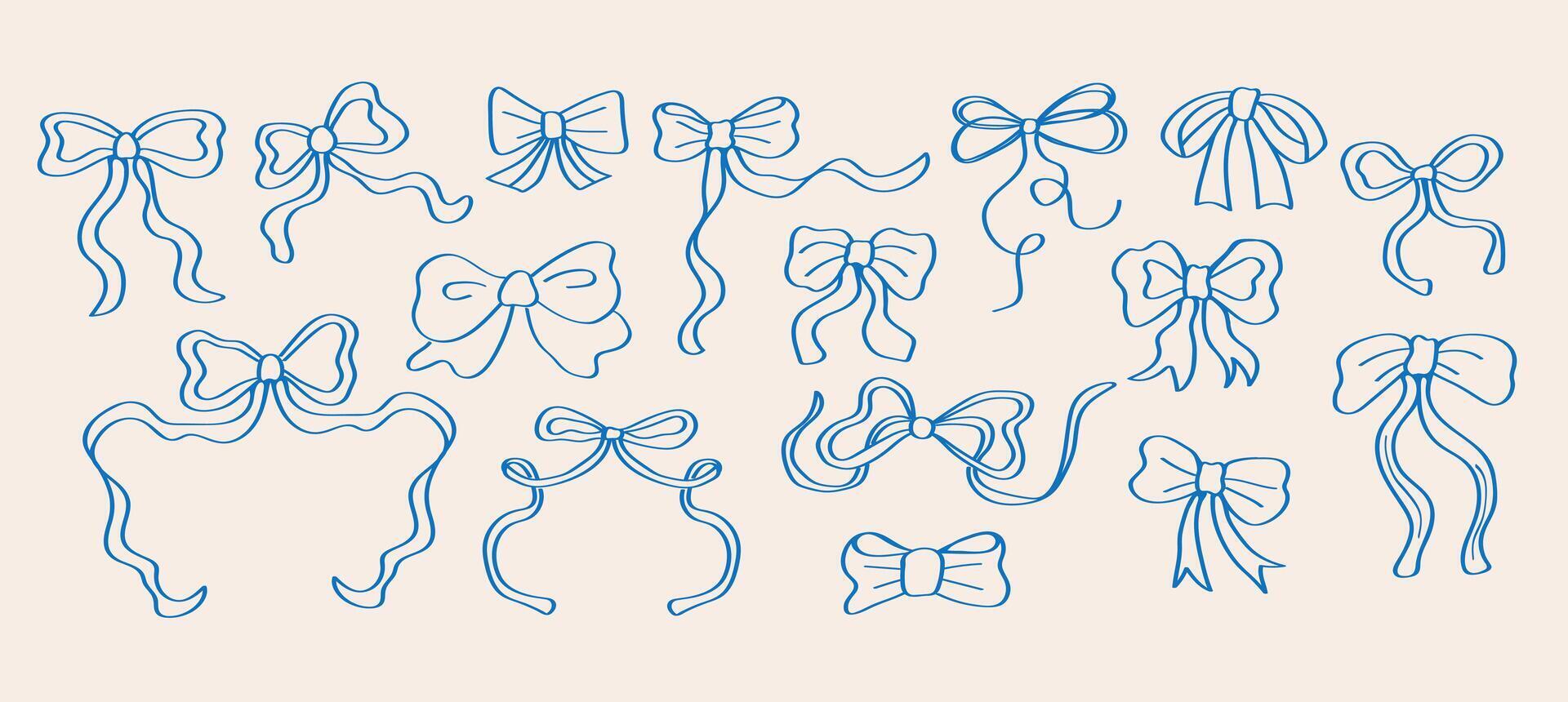 Set of doodle outline elegant bow. Whimsical blue drawn bow tie on white background. Design elements. Symbol wedding celebration and birthday party decorations vector