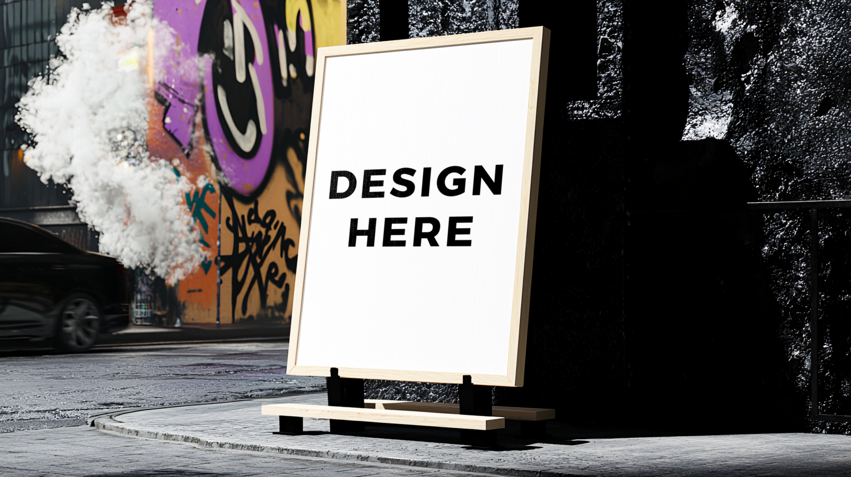 Blank white wooden sign with stand mockup on street side for branding and marketing psd