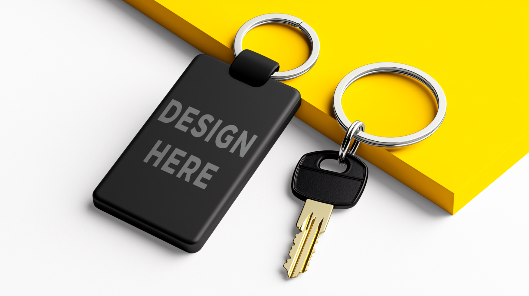 Black keychain mockup isolated on white background for branding and design placement psd