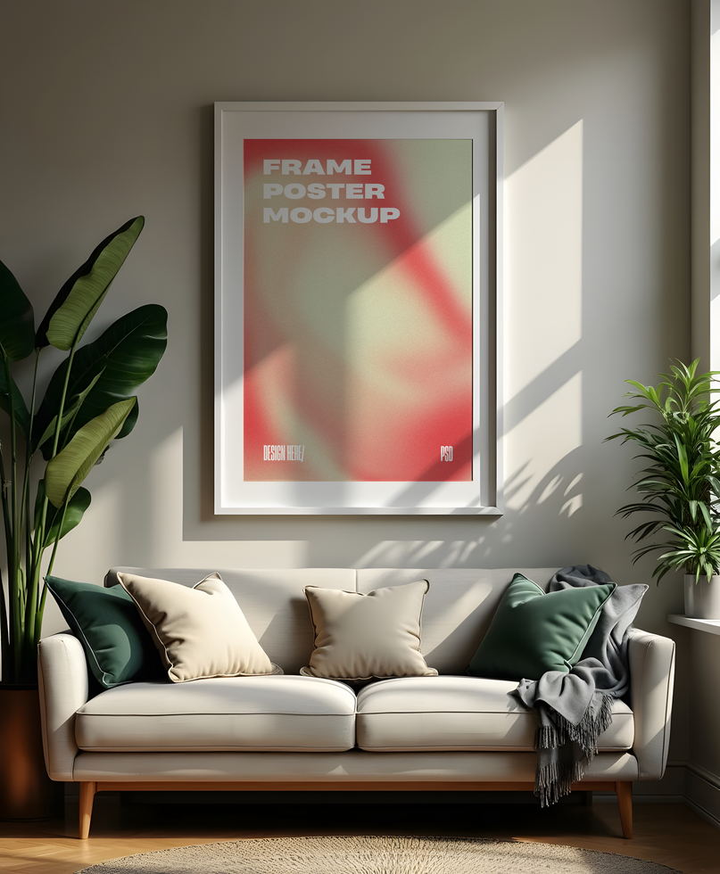 Modern living room with a couch and a framed poster mockup psd