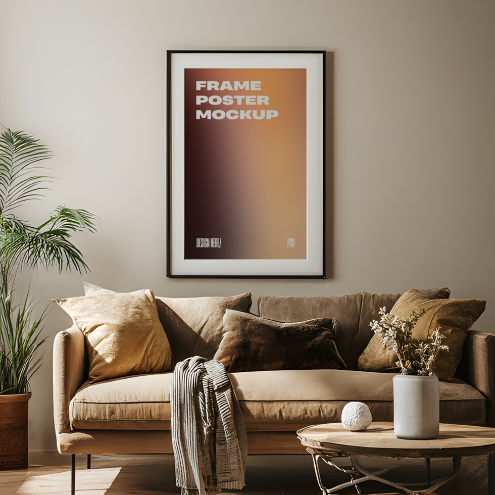 A couch in front of a framed poster mockup psd