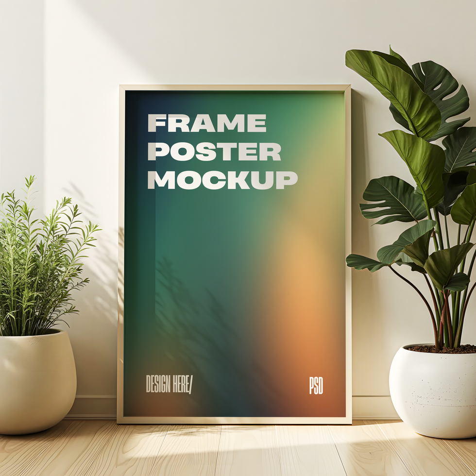 Frame poster mockup with potted plant psd