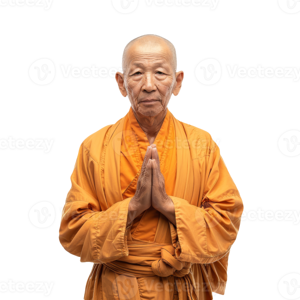Elderly Buddhist Monk in Prayer in Traditional Orange Robe and Meditating On Isolated Background png