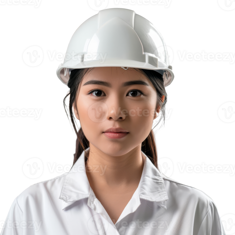 Portrait of a Female Engineer in White Hardhat Isolated on Transparent Background png