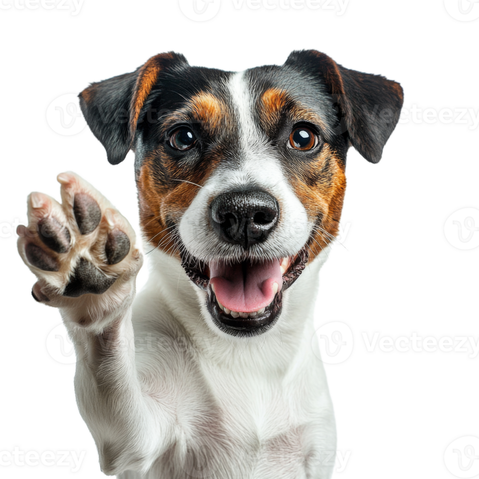 Dog with raised high paw shows hi gesture png