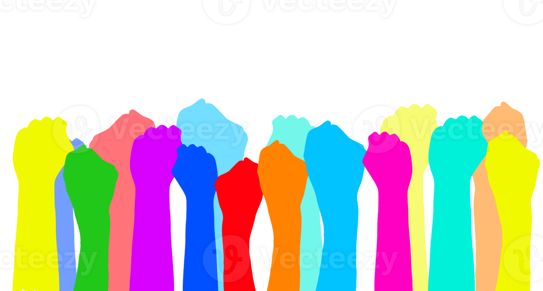 Colorful handheld raised hands group art therapy illustration. Hands in paint of rainbow colors raised up art, party, joy and fun, friendship or diversity symbols. png