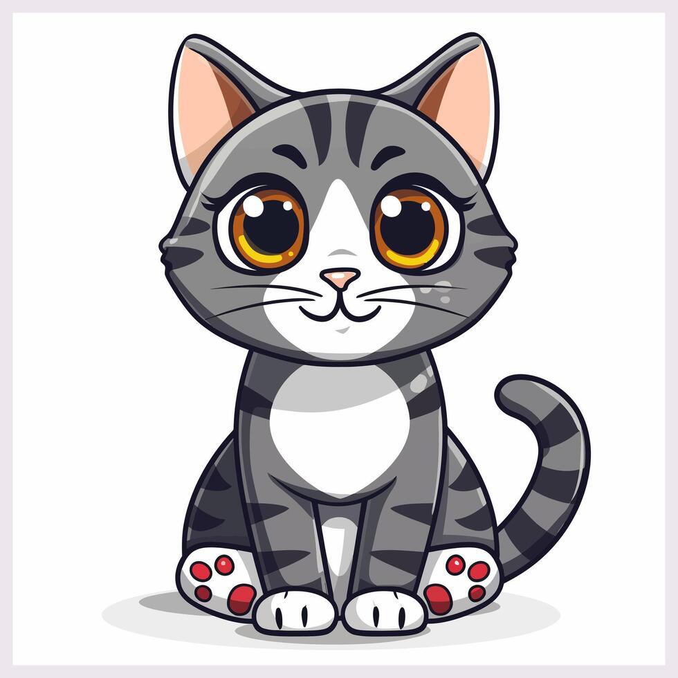 A cartoon gray cat sitting down with big eyes vector