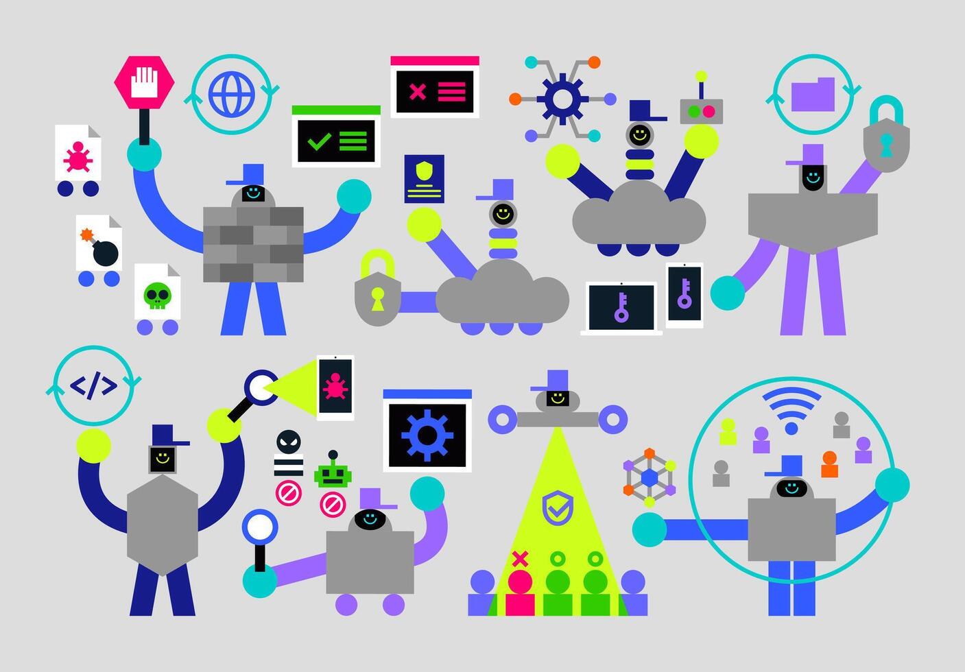Set of Cybersecurity Humanoids Flat Geometric Character Design vector