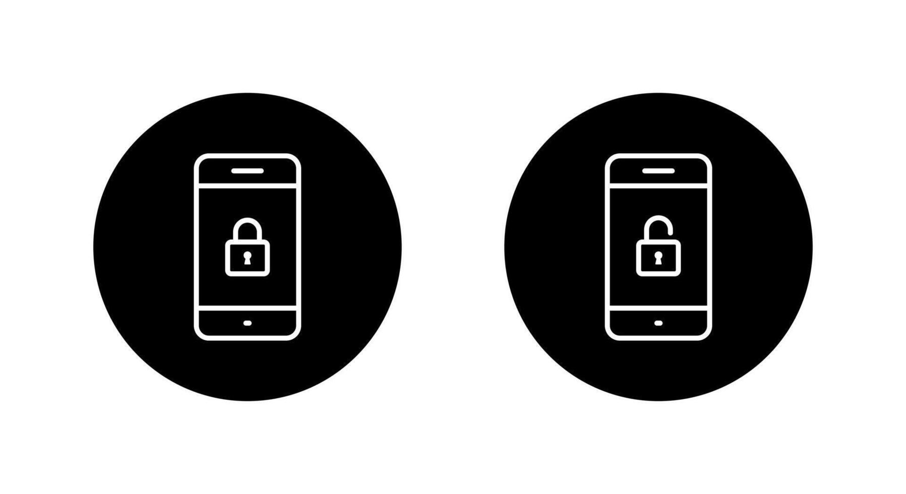 Lock and unlock on phone screen icon on black circle. Cellphone with padlock sign symbol vector