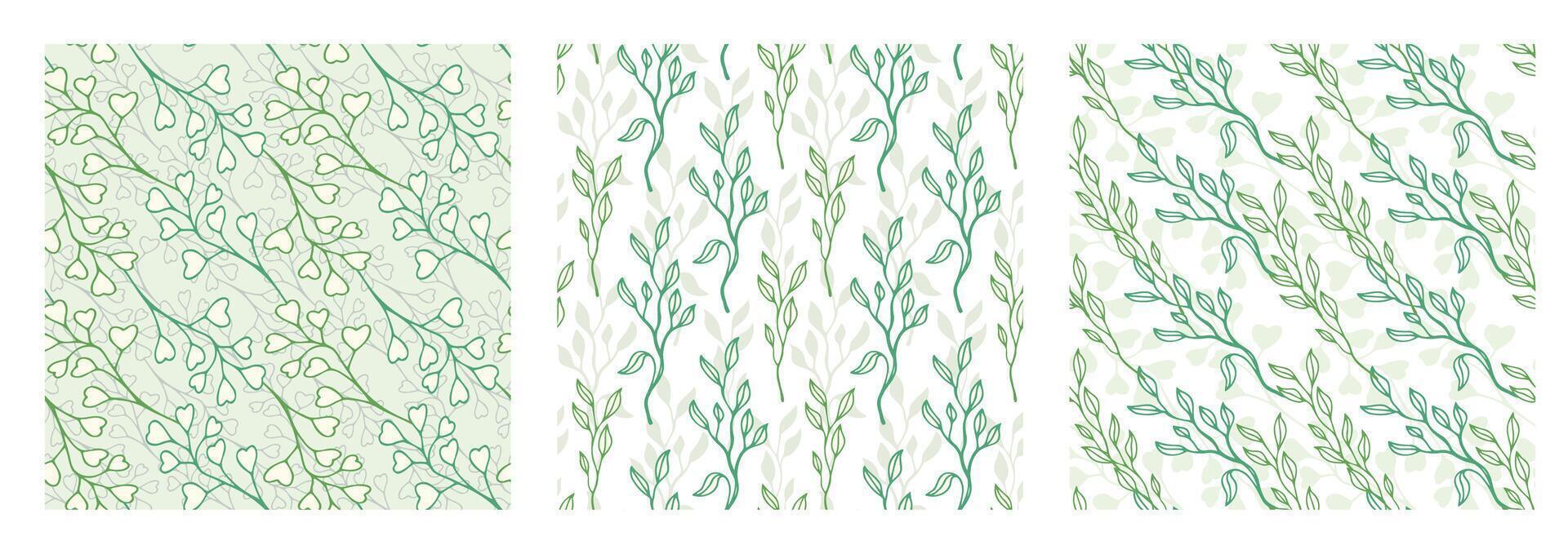 Green leaves simple greenery seamless pattern set with line art nature branch set vector