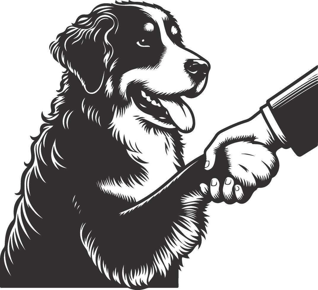 A black and white drawing of a dog shaking hands with a man vector