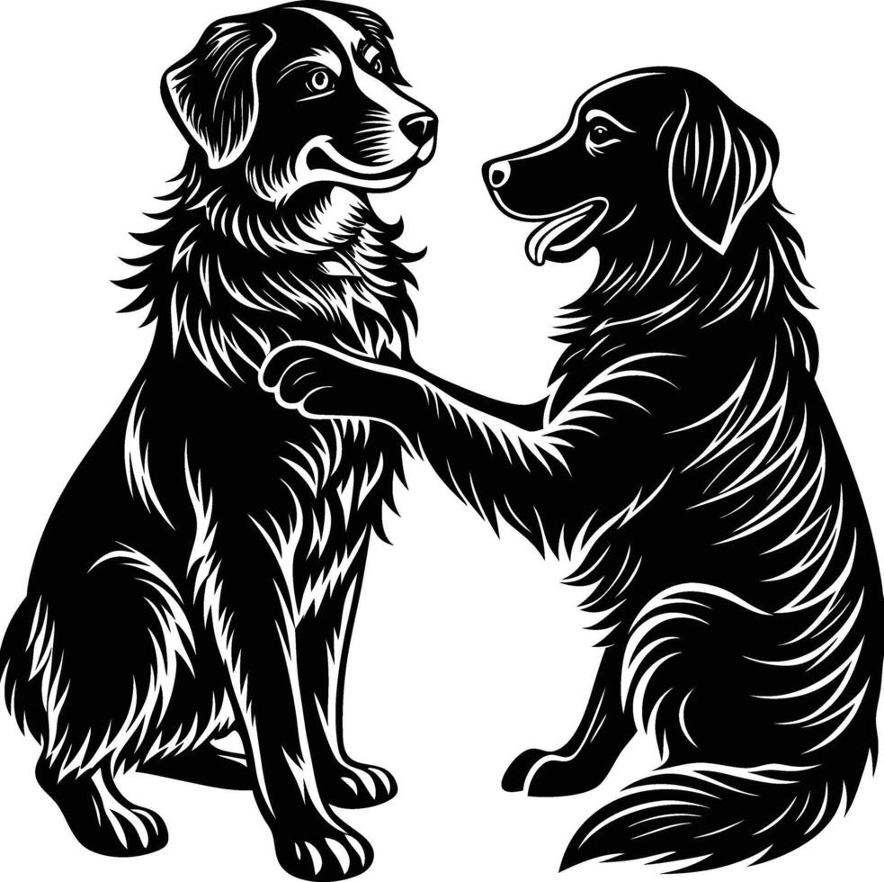 Two dogs are shaking hands in a black and white drawing vector