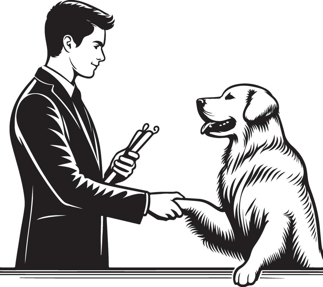 A man in a suit shaking hands with a dog vector