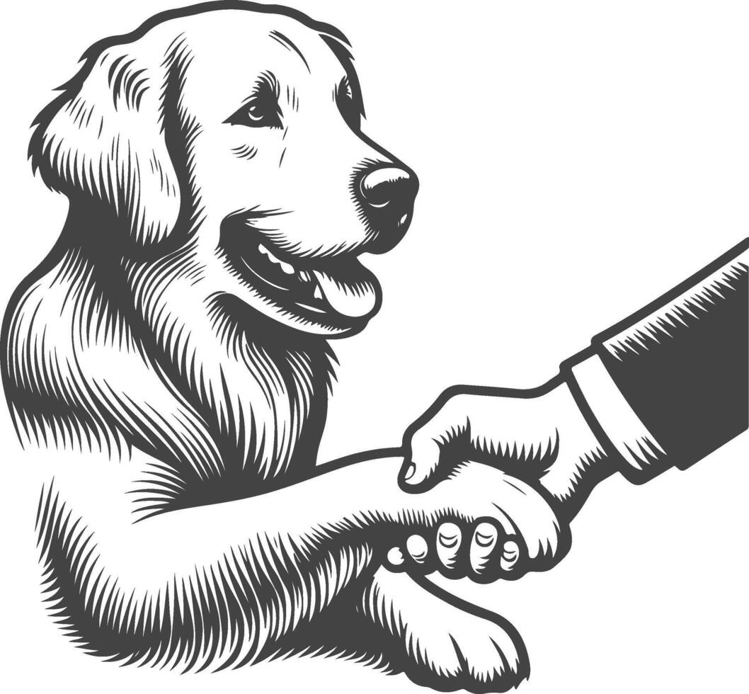 A black and white drawing of a dog shaking hands with a man vector