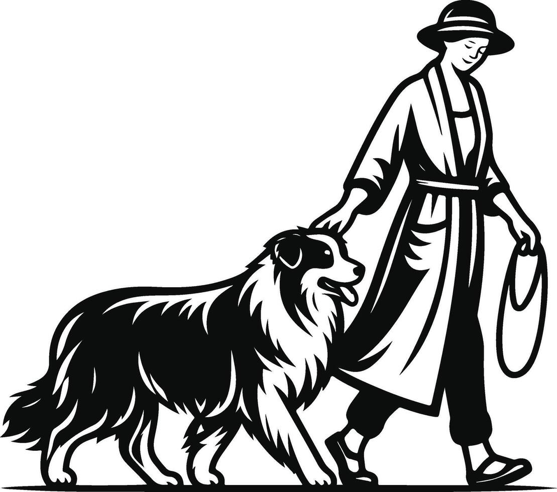 A woman walking her dog in a hat and coat vector