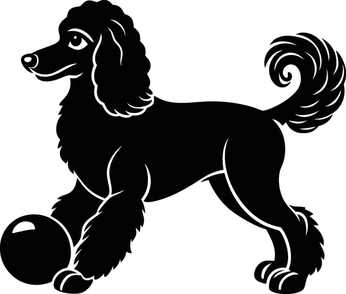 A black and white silhouette of a poodle with a ball vector