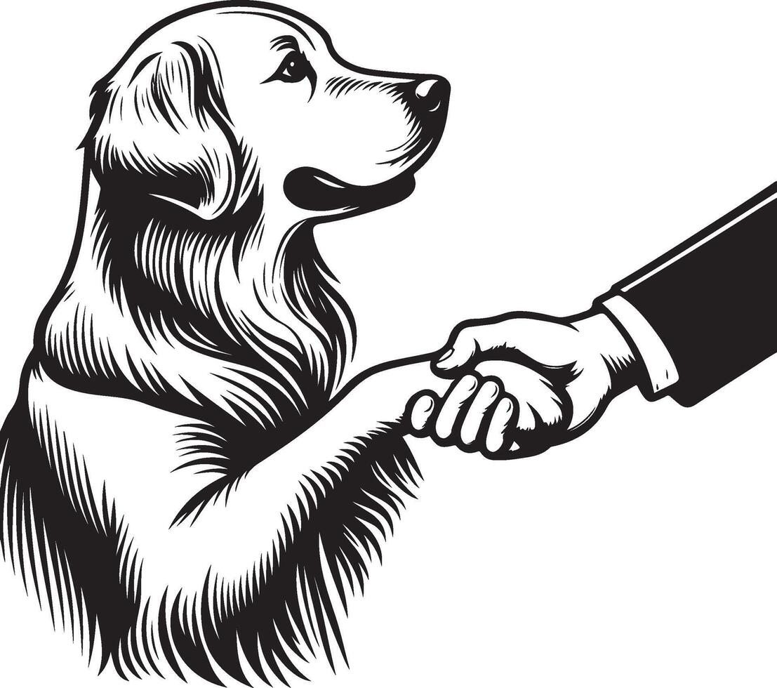 A black and white illustration of a dog shaking hands with a man vector
