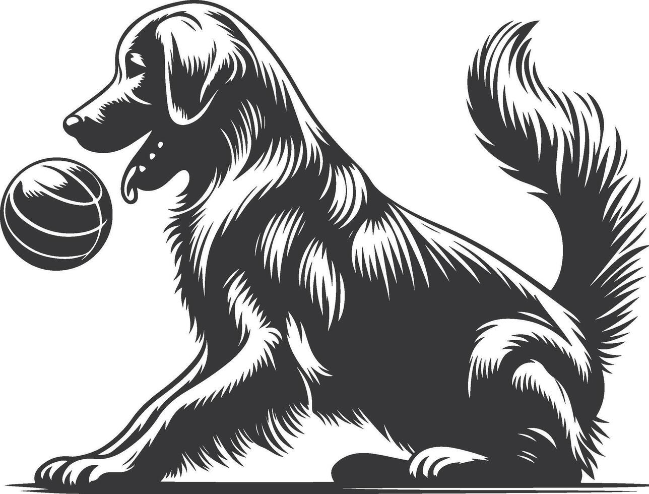 A black and white illustration of a dog playing with a ball vector